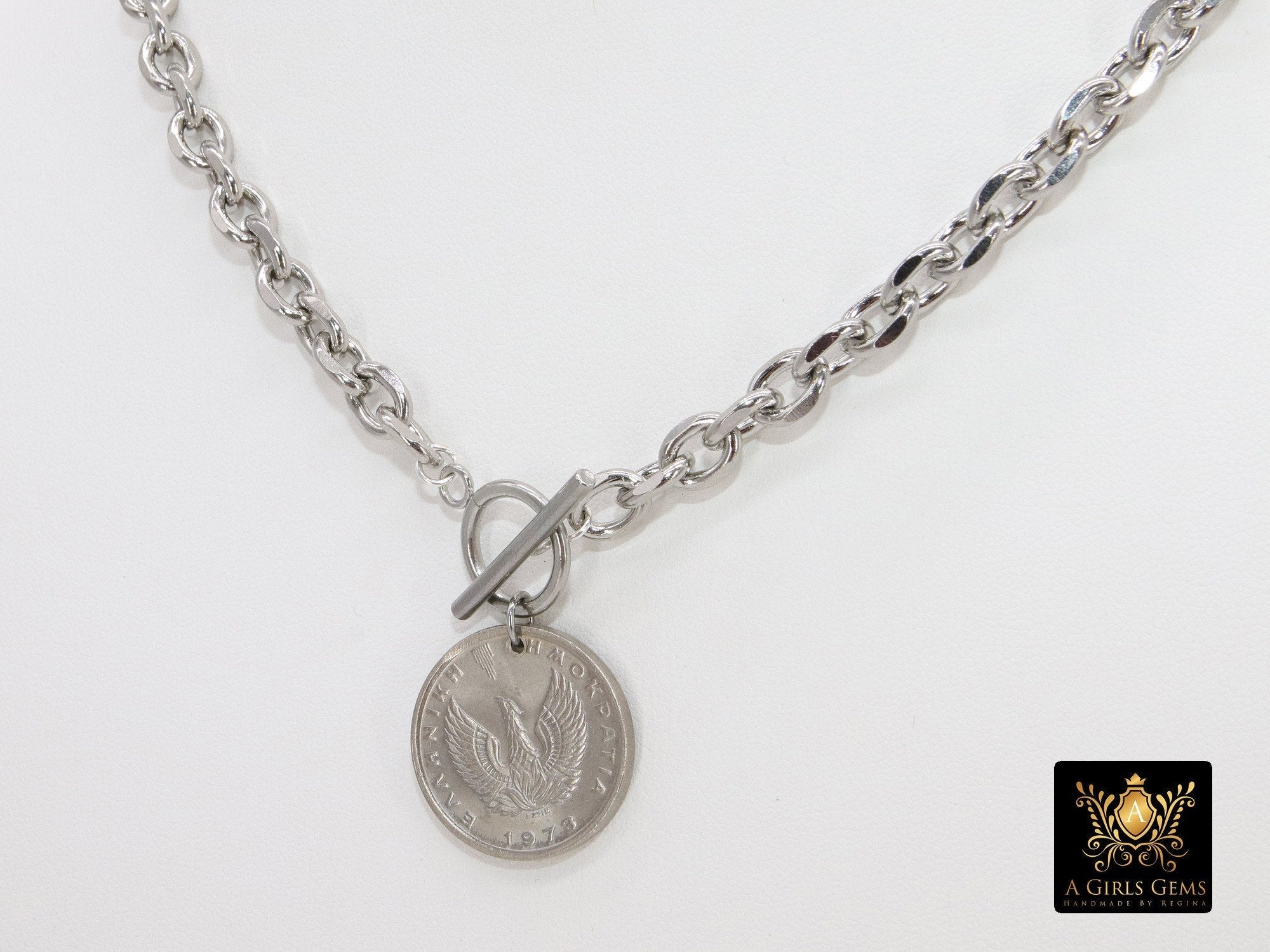 Greek Athena God Silver Coin Necklace, Silver Phoenix Toggle Wrap Necklace, Chunky Cable Chain - A Girls Gems