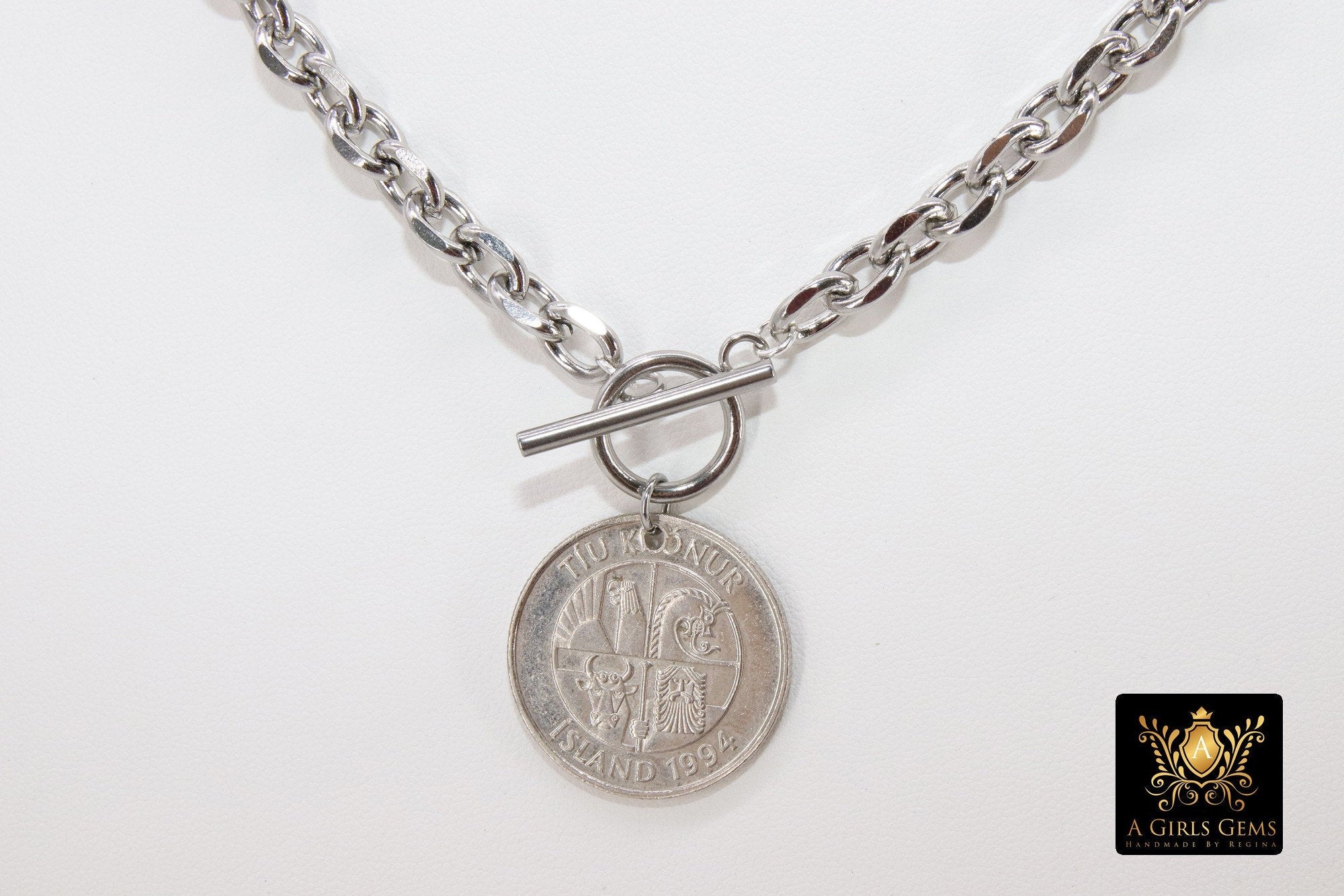 Silver Coin Necklace, Silver Medallion Toggle Wrap Necklace, Heavy Chain, Four Protectors, Fish Coin - A Girls Gems