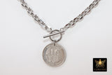 Silver Coin Necklace, Silver Medallion Toggle Wrap Necklace, Heavy Chain, Four Protectors, Fish Coin