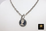 Silver Coin Necklace, Tangaroa God, Toggle Wrap Large Cable Chain, Cook Island Tiki Coin, Queen Elizabeth - A Girls Gems