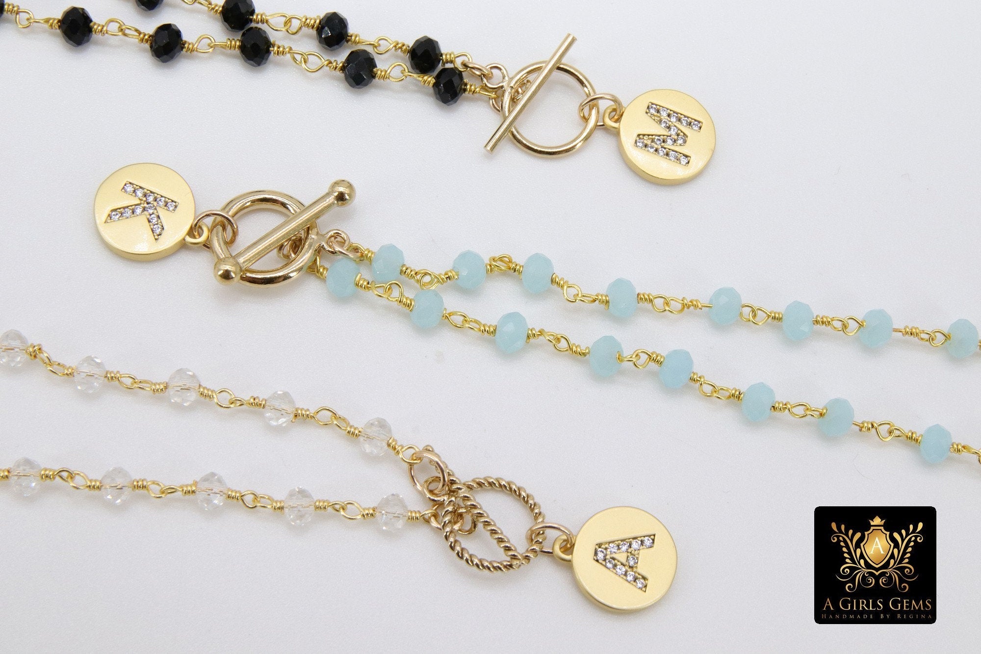 Initial Chain Bracelet, 14 K Gold Toggle Bar Double Wrap Gold Coin Round Letters - A Girls Gems