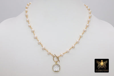 Freshwater Pearl Rosary Chain Necklace, 14 K Gold Toggle Bar 6 mm Pearl Choker - A Girls Gems