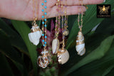 Seashell Necklace, Gold Dipped Edge Scallop Shells Rosary Gemstone, 14 K Gold Chain