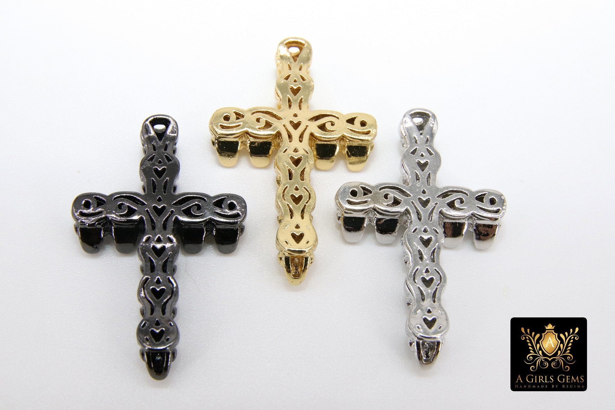 CZ Pave Skull Head Cross Charms, Gold, Black, Silver Necklace Skeleton Beads, Men's Jewelry #331 - A Girls Gems