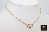 Gold Chain Necklace, 14 K Gold Paperclip Choker, CZ Mini Screw Oval Rainbow Clasp