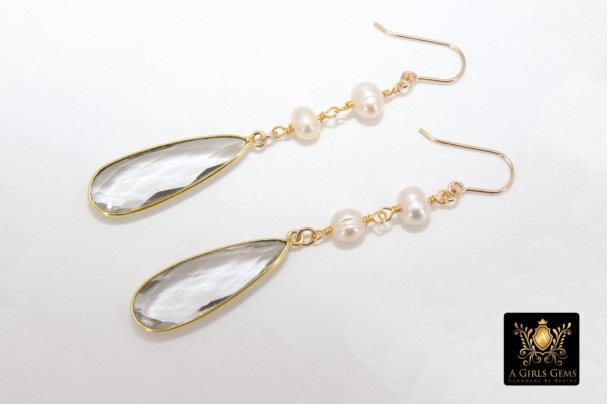 Long Dangle Earrings, Freshwater Pearl, 14 K Gold Ear Wires - A Girls Gems