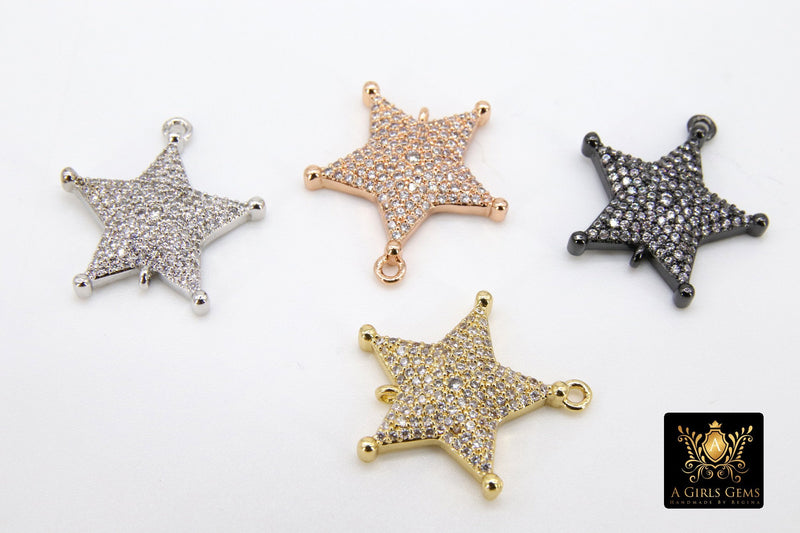 CZ Micro Pave Star Pendant Connector Bead for Tassel Rose Gold Plated Star Charm Sheriff Star Pendant for Bracelet AGGSM52 - A Girls Gems