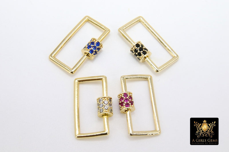 CZ Pave Carabiner Lock, Gold Rectangle Screw Clasps, Colorful Interlocking Clasp for Necklace, Bracelet 