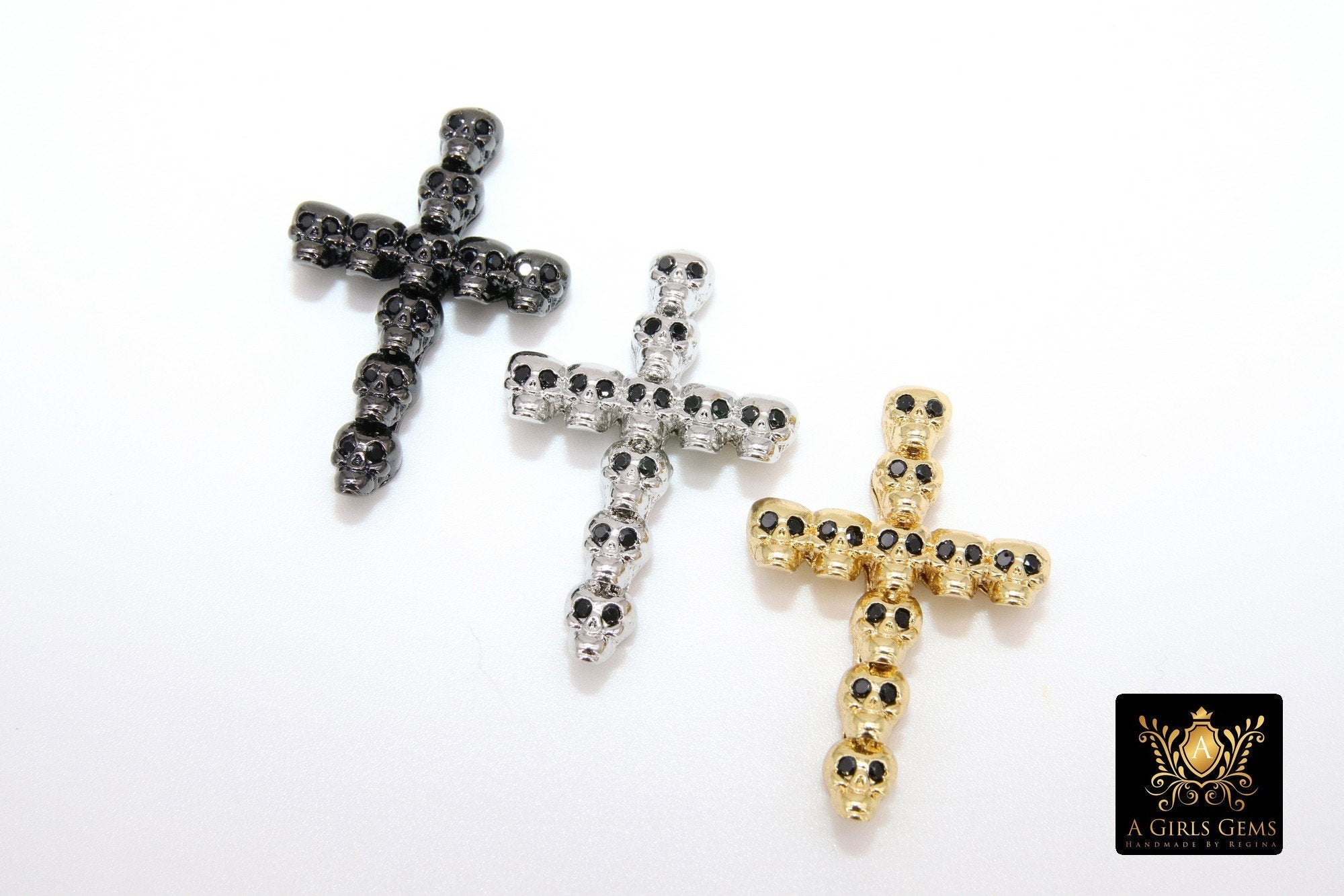 CZ Pave Skull Head Cross Charms, Gold, Black, Silver Necklace Skeleton Beads, Men's Jewelry #331 - A Girls Gems