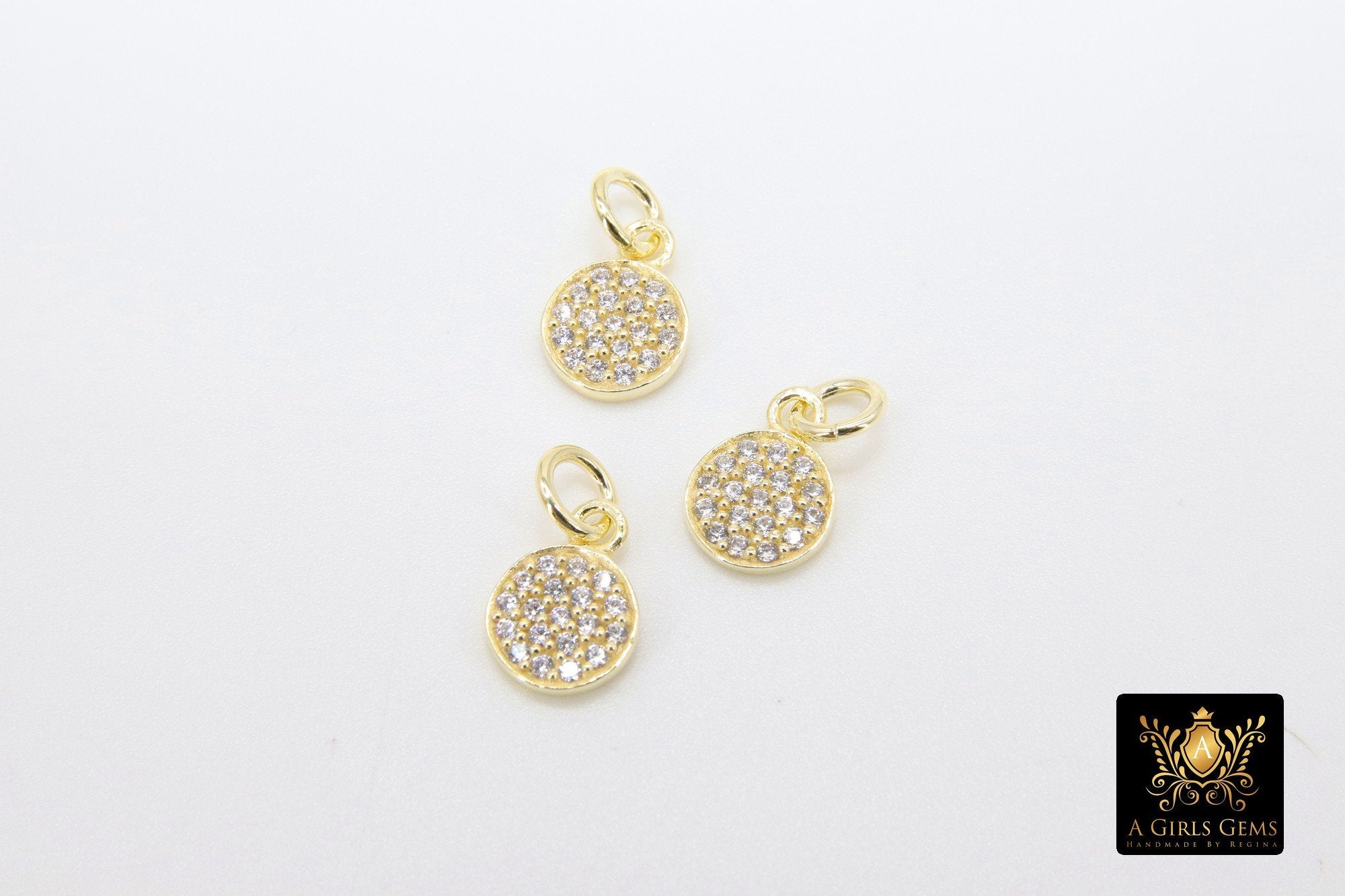 14 K Gold CZ Pave Disc Charm, Gold 925 Sterling Silver Round Cubic Zirconia Charms #2143, 8 x 11 mm