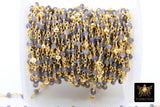 22k Gold Plated Iolite Rosary Chain, Pyrite 4 mm Chains for Jewelry Making, Wire Wrapped Water Sapphire Beads Unfinished