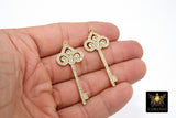 CZ Pave Silver Key Pendant, Cubic Zirconia Skeleton Key Bead Charm #433, Gold