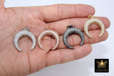 CZ Micro Pave Double Horn Pendants,Crescent Moon Charms, Cubic Zirconia Cow Horns - A Girls Gems