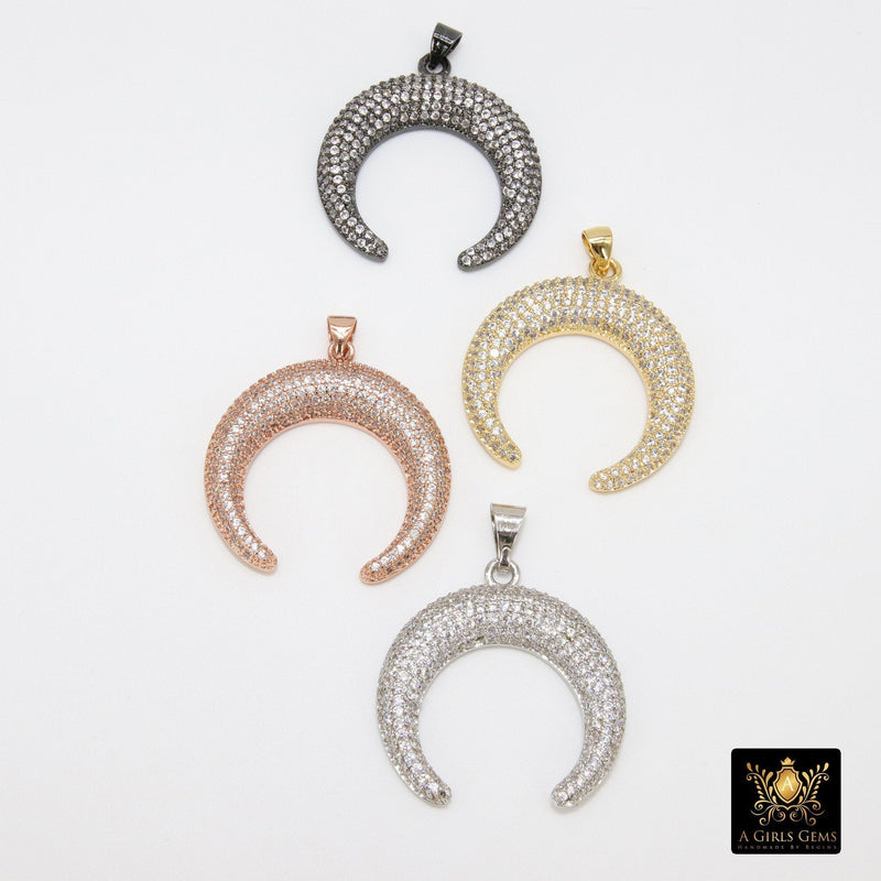 CZ Micro Pave Double Horn Pendants,Crescent Moon Charms, Cubic Zirconia Cow Horns - A Girls Gems
