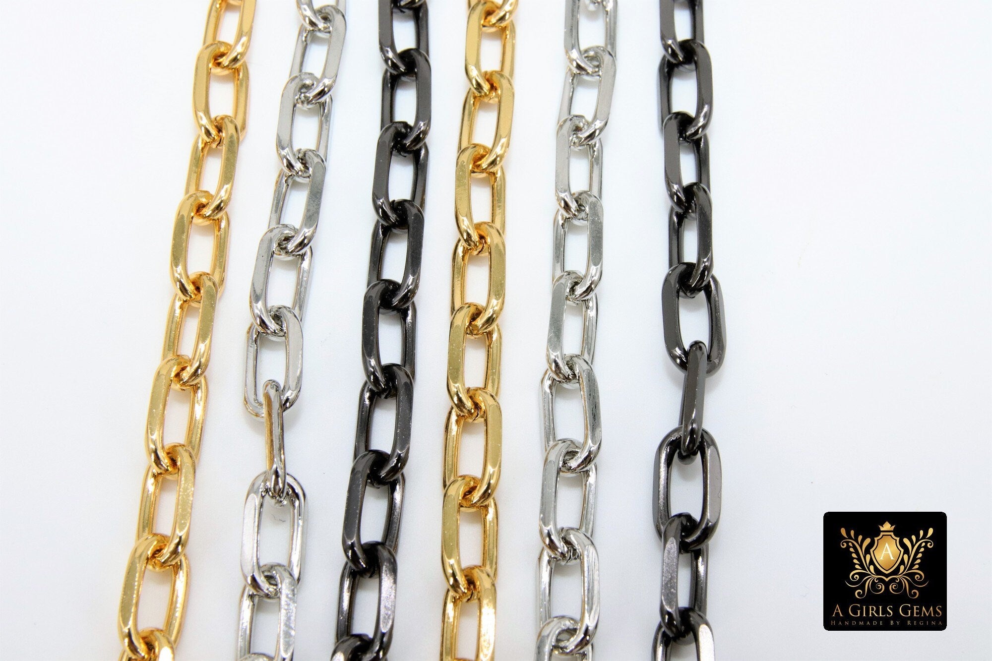 Faceted Gold Link Chain, Paperclip Rectangle Chains, Silver Bracelet Large Oval Cable