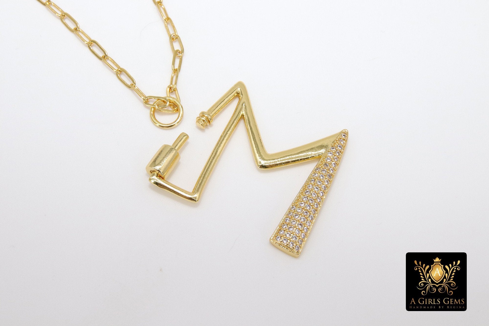 Gold Initial Chain Necklace, Cubic Zirconia Carabiner Initial Letters, Personalized Alphabet Choker - A Girls Gems