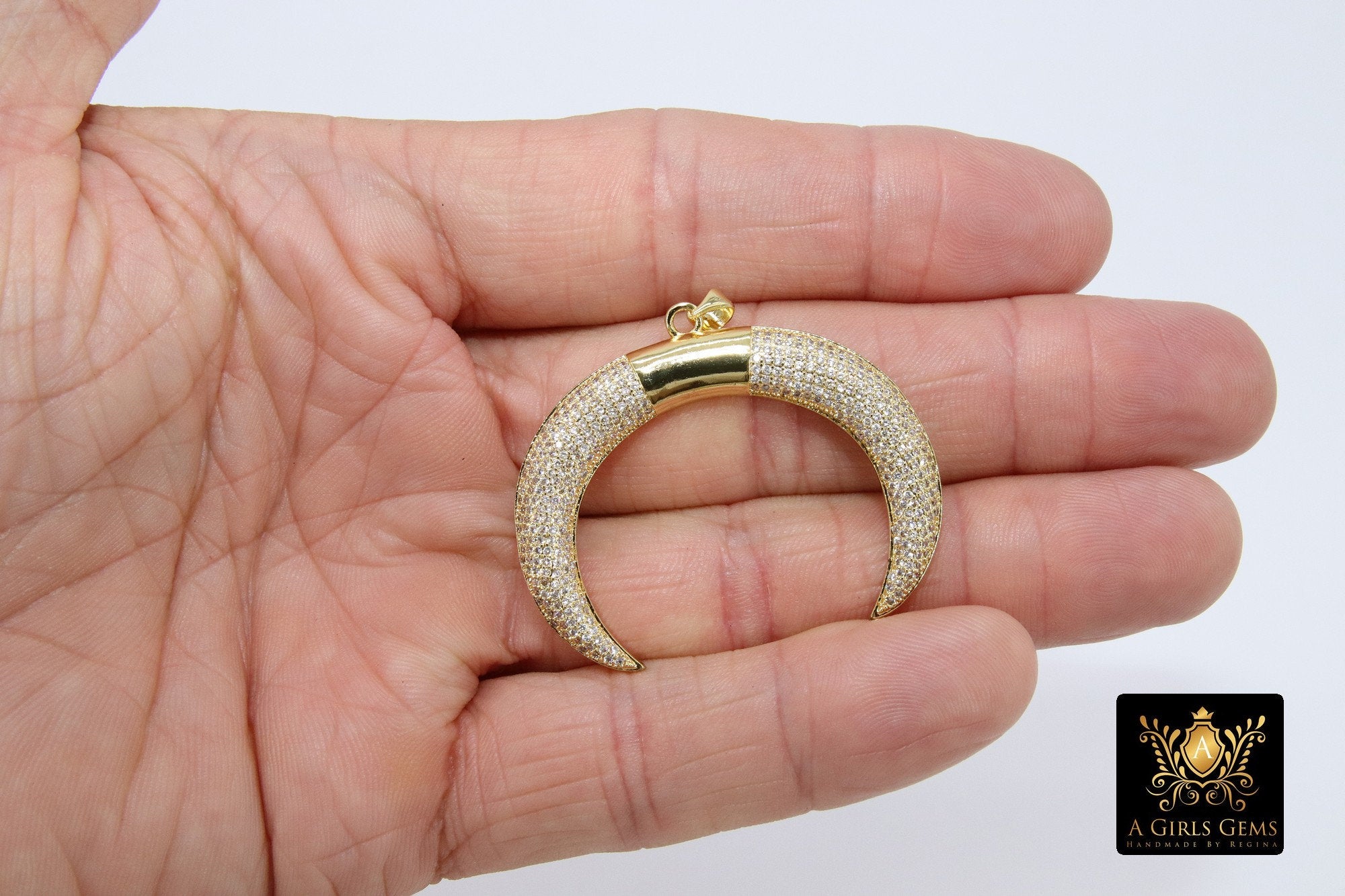 Micro Pave CZ Double Horn Moon Pendant, Cubic Zirconia Cow Horn CZ Gold Plated Clear CZ Pendant