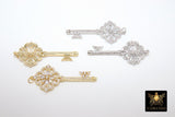 CZ Pave Key Pendant, Cubic Zirconia Skeleton Key Bead Charm #100, Gold or Silver Fancy Filigree