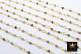 Genuine Multi Tourmaline Rosary Chain, Faceted 3 mm Diamond Cut Beaded Chains, Gold Wire Wrapped Beads, Unfinished Chains, Bulk Wholesale - A Girls Gems