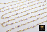 Amethyst Rosary Chain, Genuine Faceted 3 mm Diamond Cut Beaded Chains, Gold Wire Wrapped Purple Beads