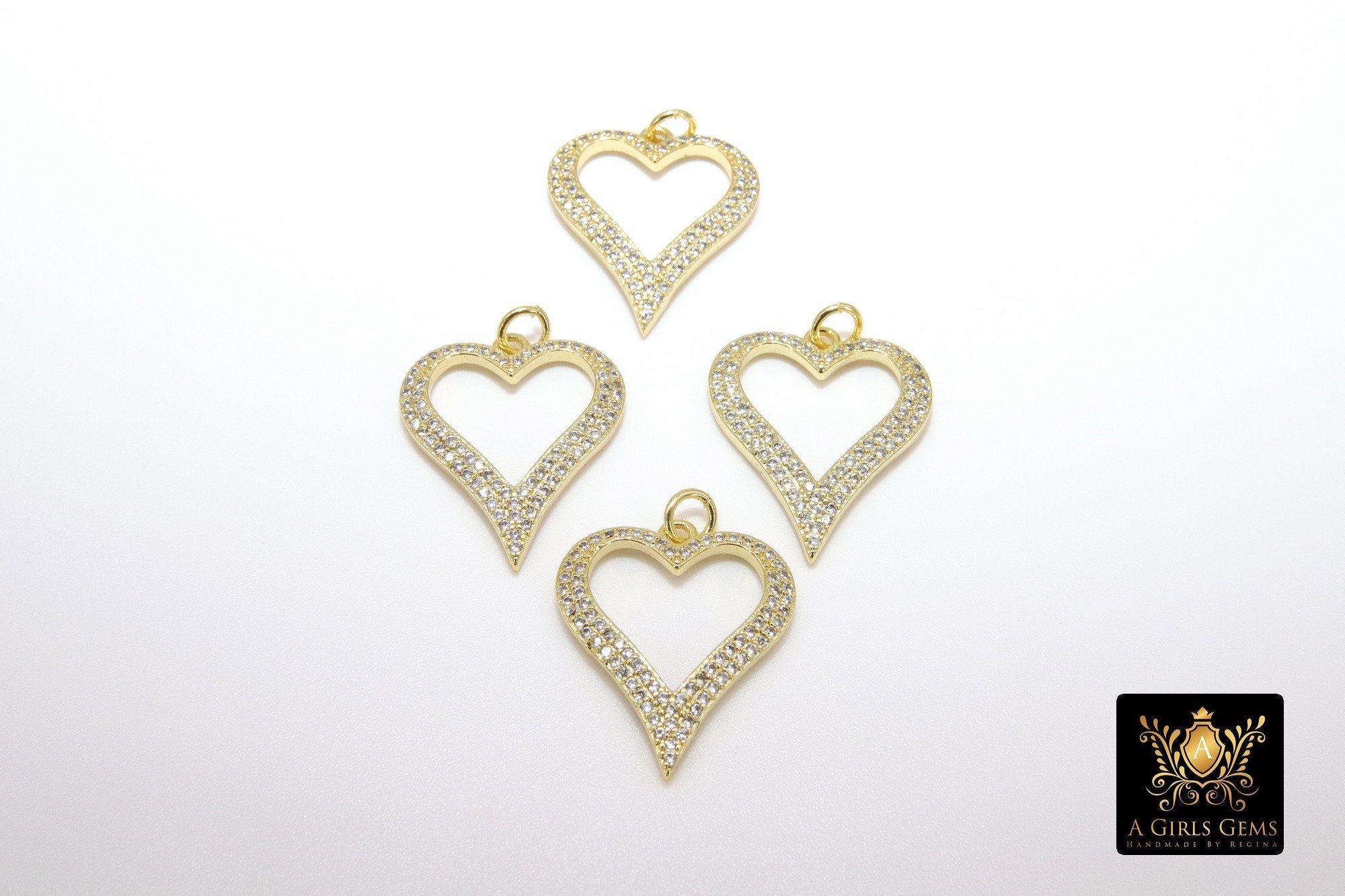 Cubic Zirconia Heart Charms, Gold CZ Micro Pave Heart Shaped Pendants for Sweetheart Bracelet, #719 Necklace Jewelry, 19 x 23 mm - A Girls Gems