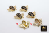 CZ Micro Pave Bee Charms, Bumble Gold Bee Charms, 16 x 21 mm Small Black Honey Bee #925