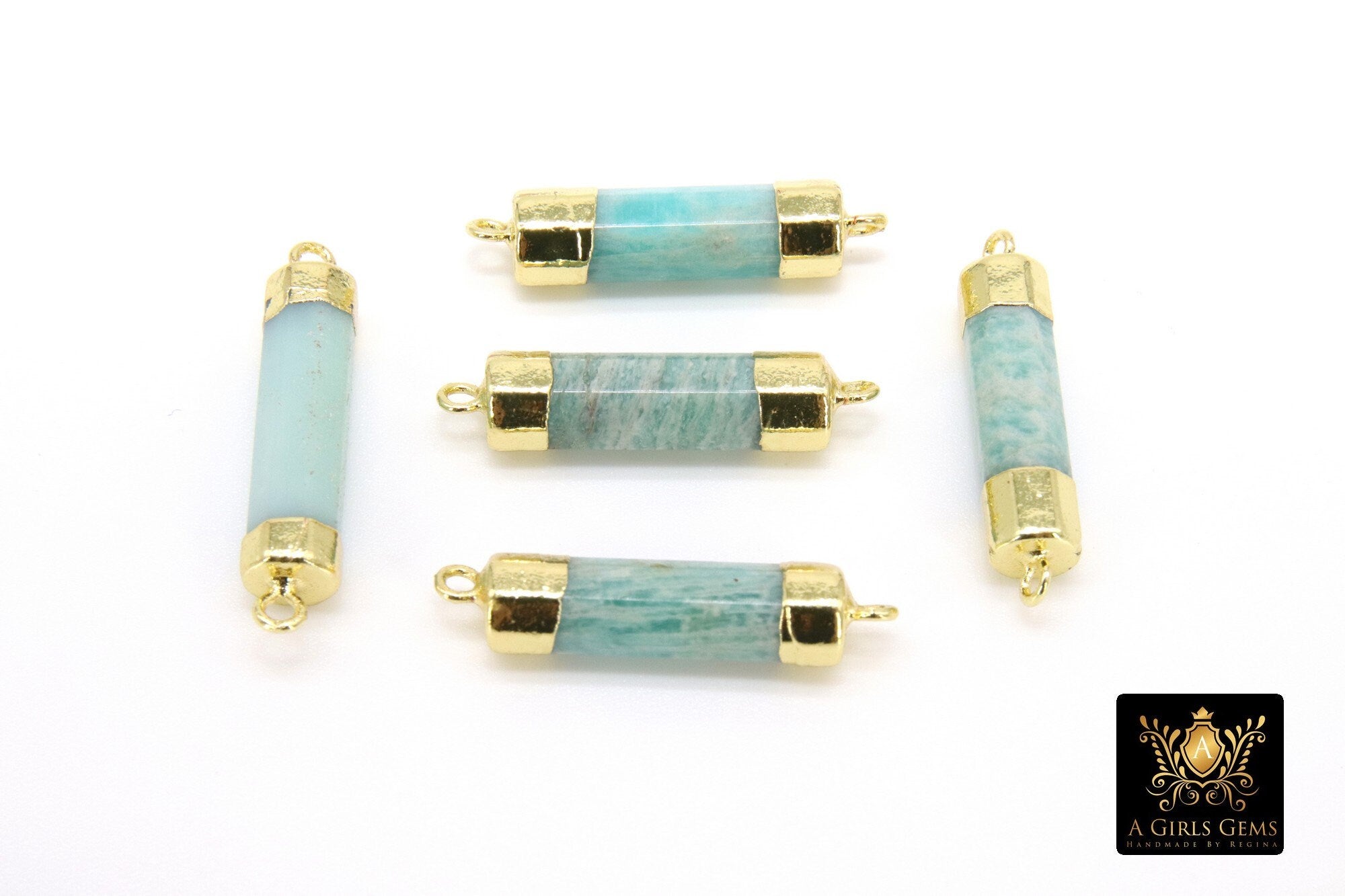Amazonite Bar Connector, Genuine Gemstone Gold Bar Links #759, Aqua Blue Stone Pendants