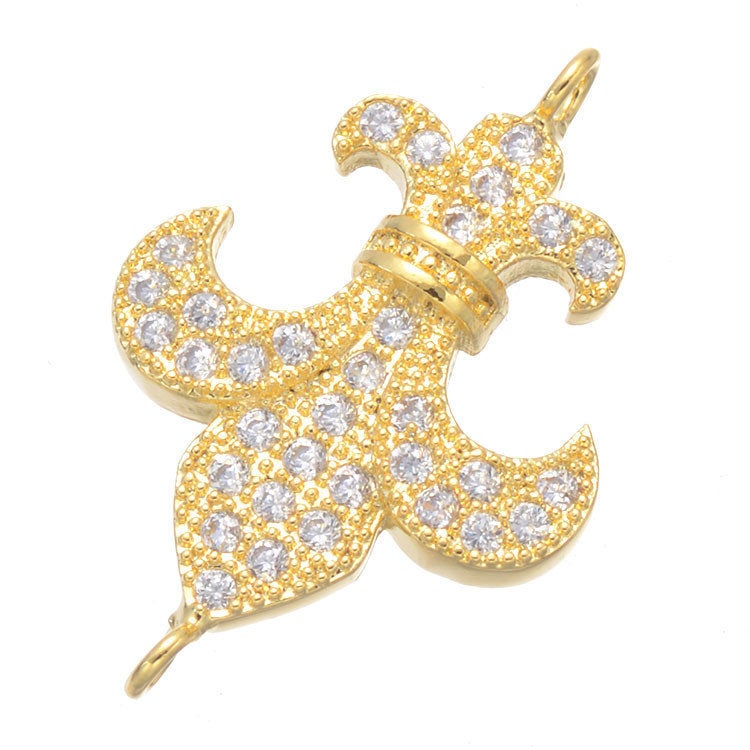 CZ Micro Pave Fleur De Leis Gold Connector, French Crown Charm, 2 Loop Findings - A Girls Gems