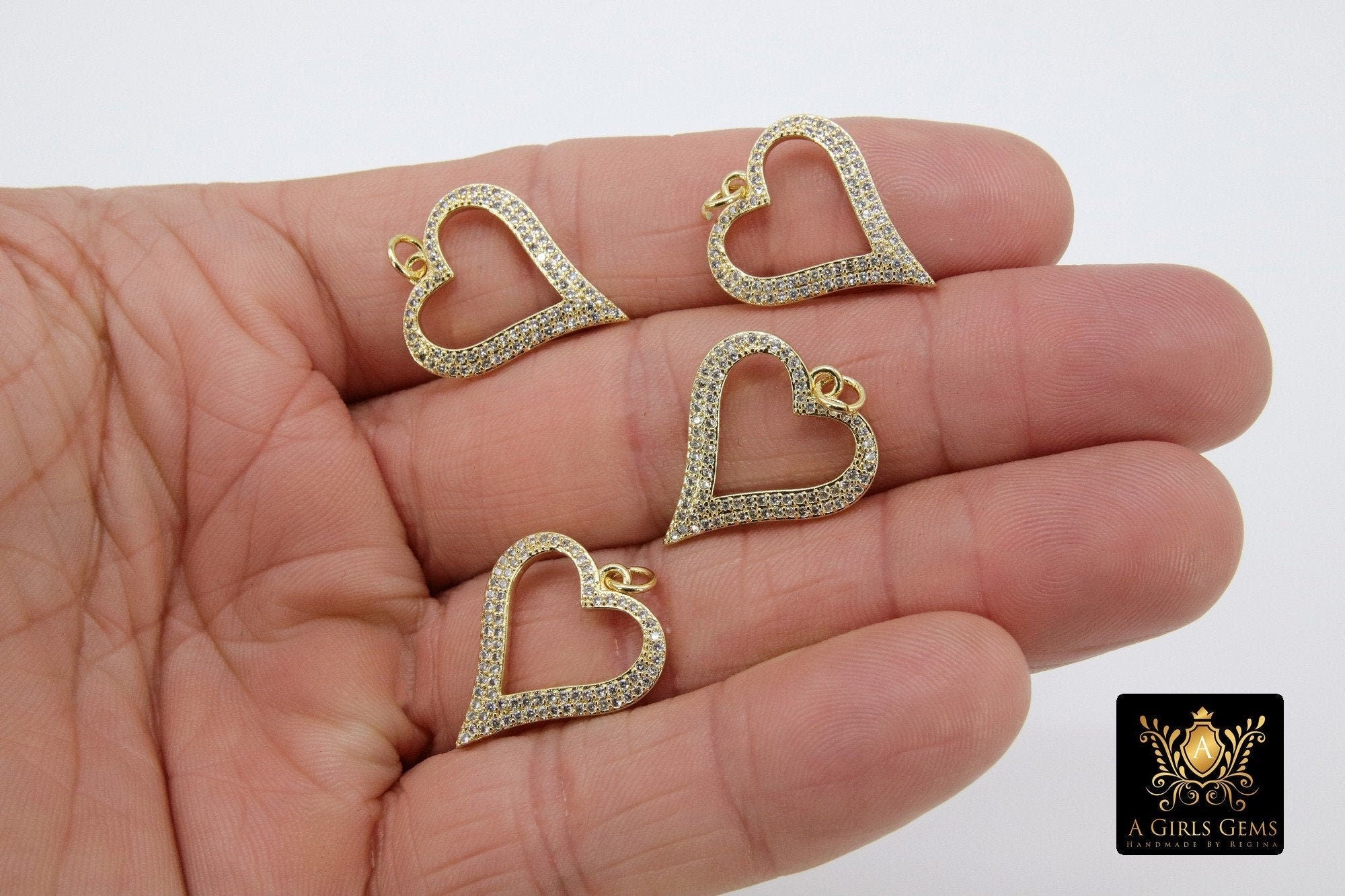 Cubic Zirconia Heart Charms, Gold CZ Micro Pave Heart Shaped Pendants for Sweetheart Bracelet, #719 Necklace Jewelry, 19 x 23 mm - A Girls Gems