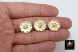 Gold Coin Charm, CZ Multi Color Pave Small Round Disc Charms #2542, Textured Circle