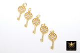 CZ Pave Key Charm, Small Cubic Zirconia Skeleton Key Bead Charm #2546, Gold Round Fancy Charm