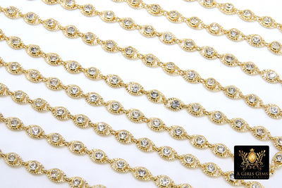 Genuine Cubic Zircon Chains, Gold Evil Eye Shaped Bezel Chains, 4 mm CZ Textured Connectors Links, 4 x 7 mm