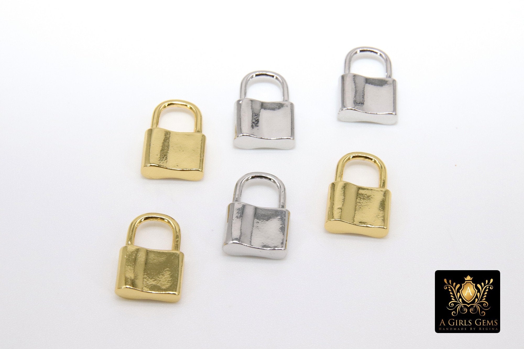 Gold Padlock Charms, Silver Lock Pendant Necklace and Bracelet Dangles #2555, 10 x 12 mm Small Jewelry Charm