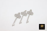 CZ Pave Silver Key Pendant, Cubic Zirconia Skeleton Key Bead Charm #433, Gold