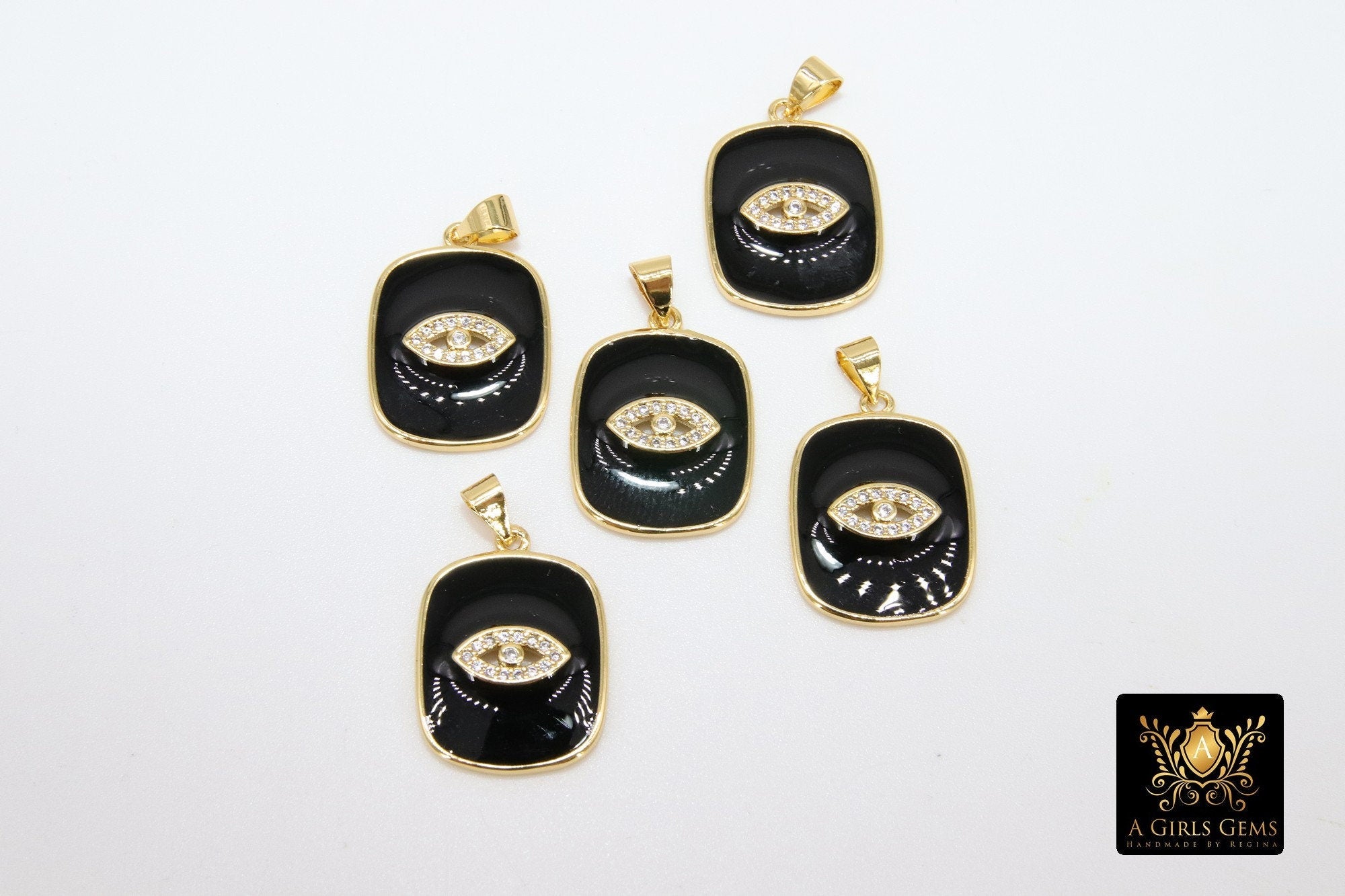 CZ Evil Eye Charms, Black and Gold CZ Pave Rectangle Greek Eye Charm #2615, for Bracelet or Necklace Jewelry