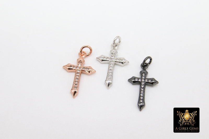 Rose Gold Cross Charms, CZ Micro Pave Dainty Religious Cross Pendants, 12 x 21 mm Small Cross for Rosary Chains, Beaded Bracelets - A Girls Gems