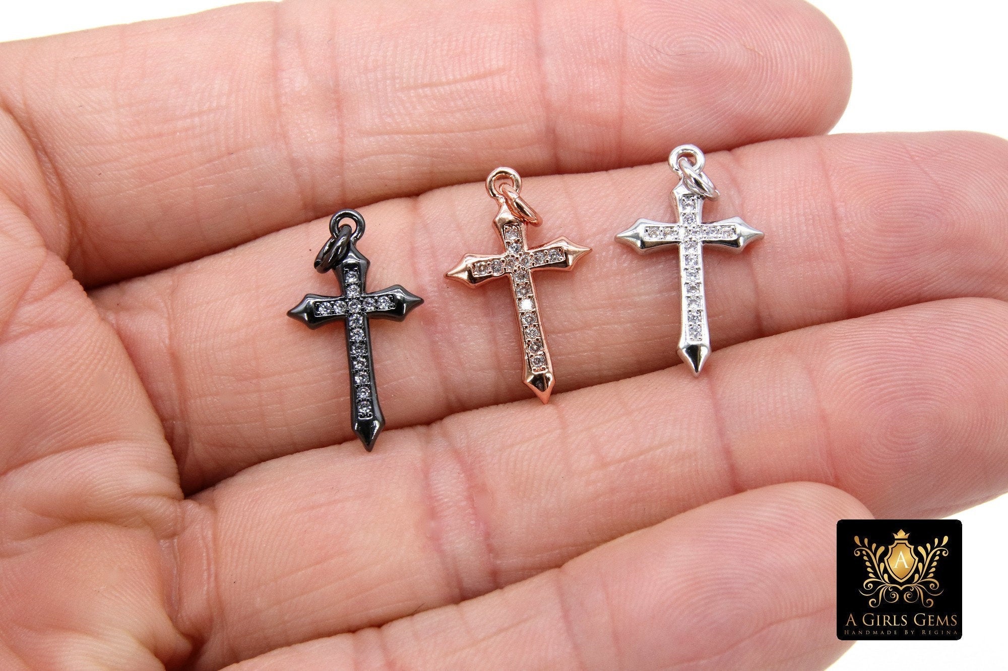 Rose Gold Cross Charms, CZ Micro Pave Dainty Religious Cross Pendants, 12 x 21 mm Small Cross for Rosary Chains, Beaded Bracelets - A Girls Gems