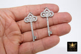CZ Pave Gold Key Charm, Cubic Zirconia Skeleton Key Pendant #433, Silver Fancy Filigree