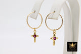 14 K Gold Filled Endless Hoop with CZ Red Cross, Gold Hooplet Dangle Clear CZ Cross Charms #2548 - A Girls Gems
