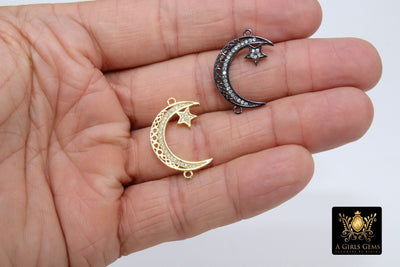 CZ Micro Pave Crescent Moon Star Connectors, 2 Loops Bead Links for Jewelry #199 - A Girls Gems