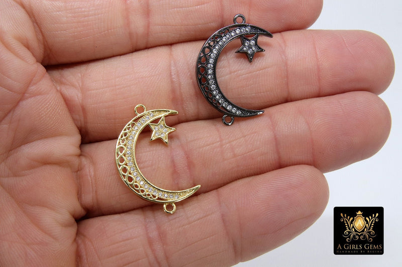 CZ Micro Pave Crescent Moon Star Connectors, 2 Loops Bead Links for Jewelry 