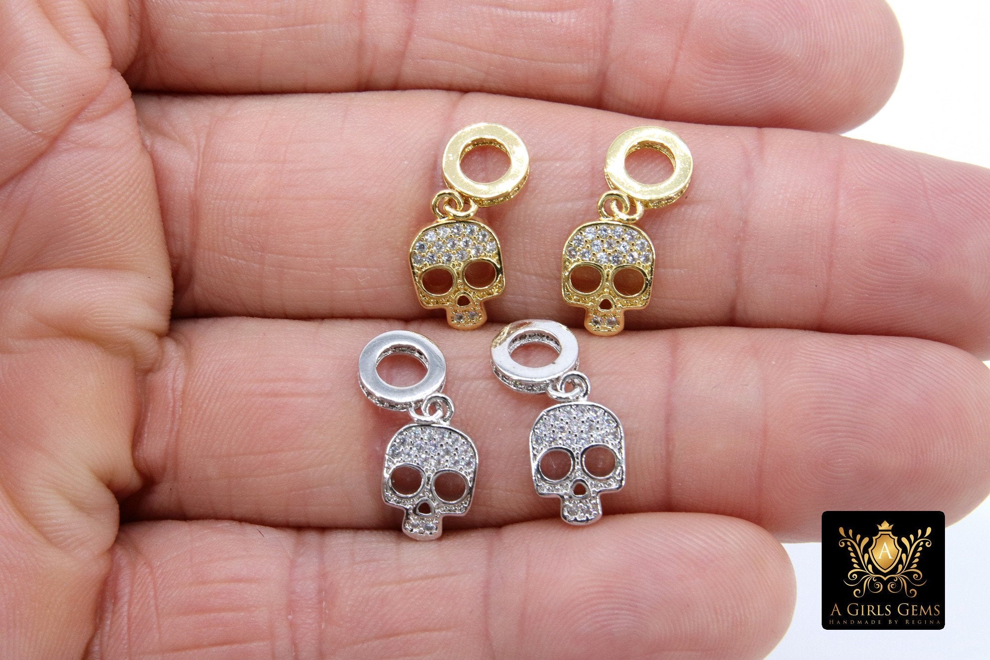 CZ Gold Skull Charm with Rings, Silver Skeleton Slide Spacer Circle Silver #2617, Large Hole Pandora Dangle - A Girls Gems