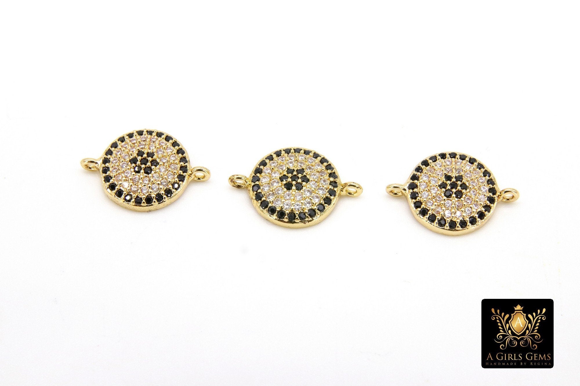 Tiny Evil Eye Connectors, CZ Micro Pave Gold Round Disc Charms #81, Clear and Black Pave Lucky Eye Charm