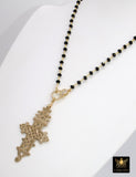 Gold Rosary Cross Necklace, Smoky or Black Rosary Chain With Gold Brass Ethiopian Cross, Long Rosary Necklaces