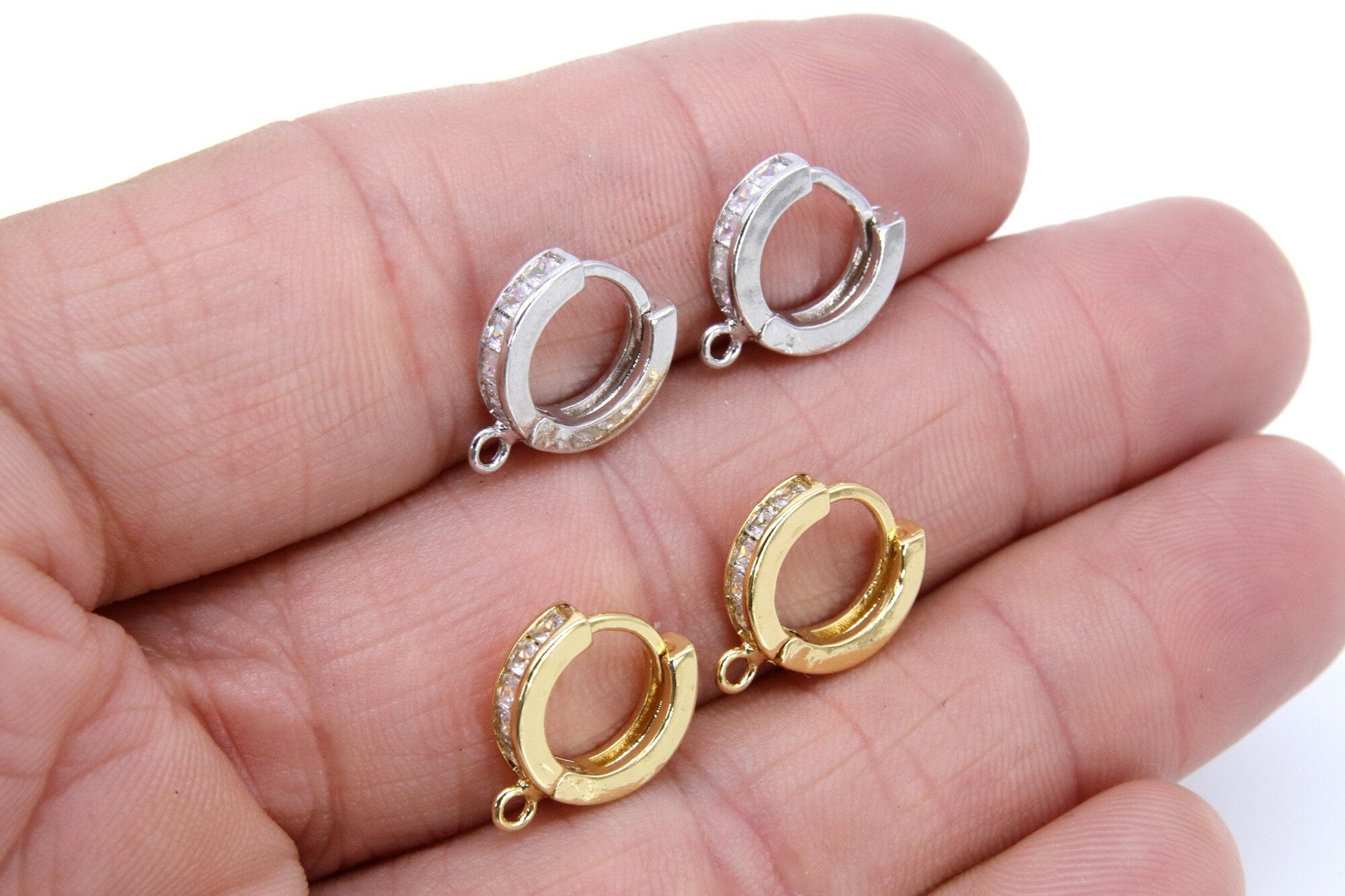 CZ Micro Pave Silver Huggies, Thick 3.5 mm Lever back Gold Round Ear Ring Parts #732, 14 mm Hoops with Closed / Open Loops