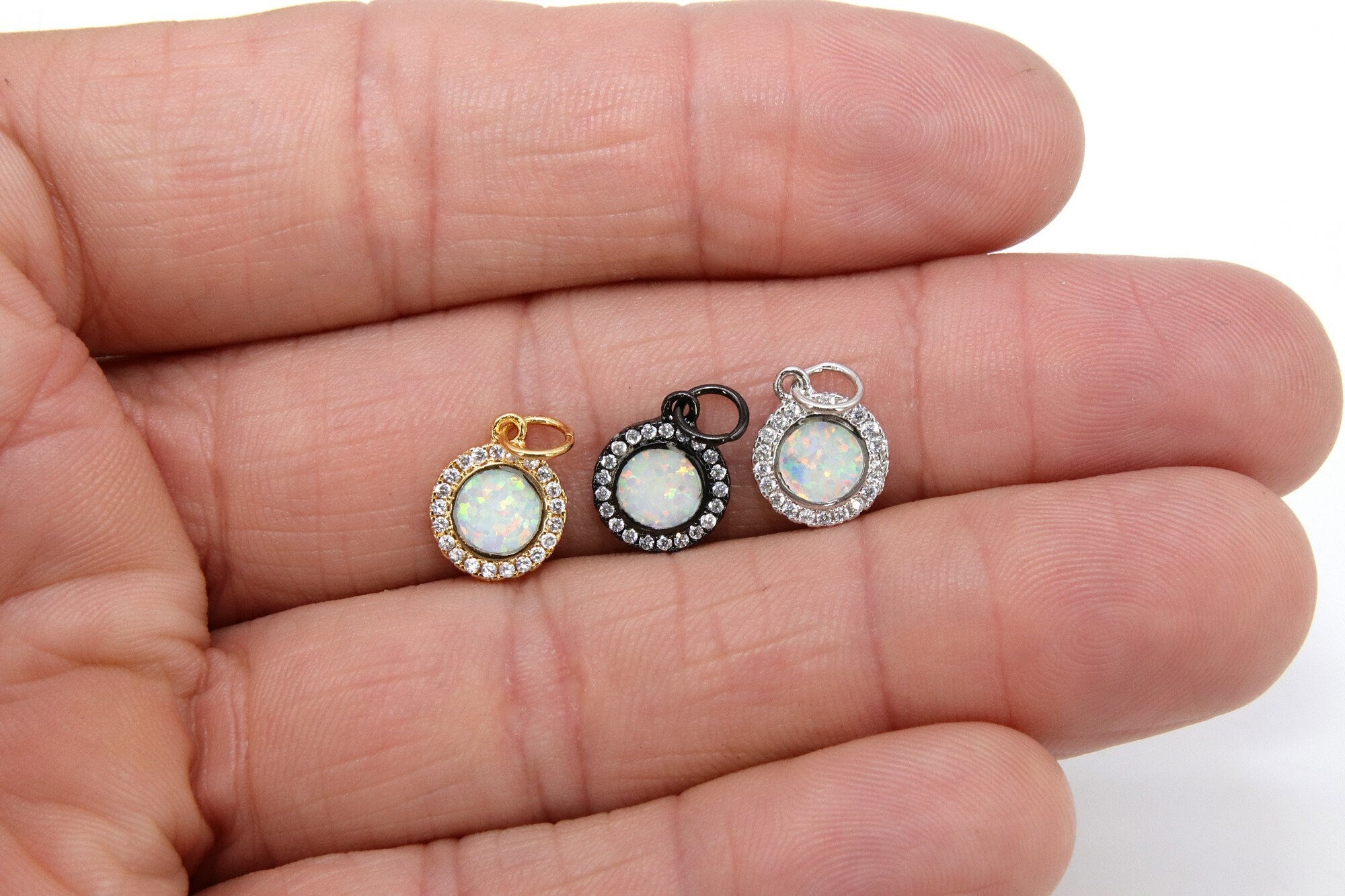 Tiny Gold Opal Round Charms, CZ Micro Pave 10 mm Silver Circle Charms #390, White Opal Black Charm