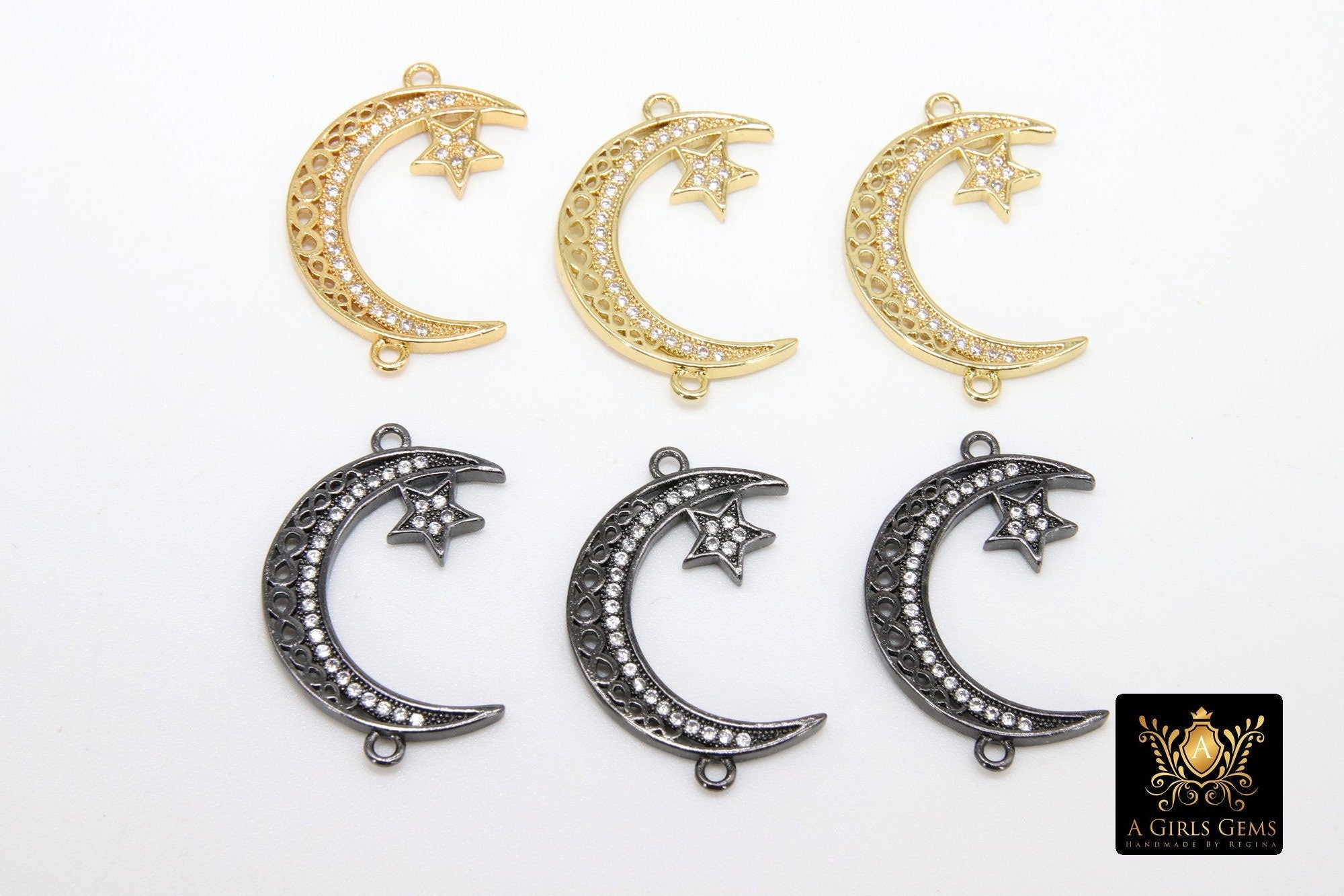 CZ Micro Pave Crescent Moon Star Connectors, 2 Loops Bead Links for Jewelry #199, Gold or Black Cubic Zirconia Star Pendant