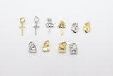 CZ Gold Mini Heart Charms, 4 Pc Tiny Silver Key Lock #2623, Cross and Padlock Necklace Bracelet Dangles