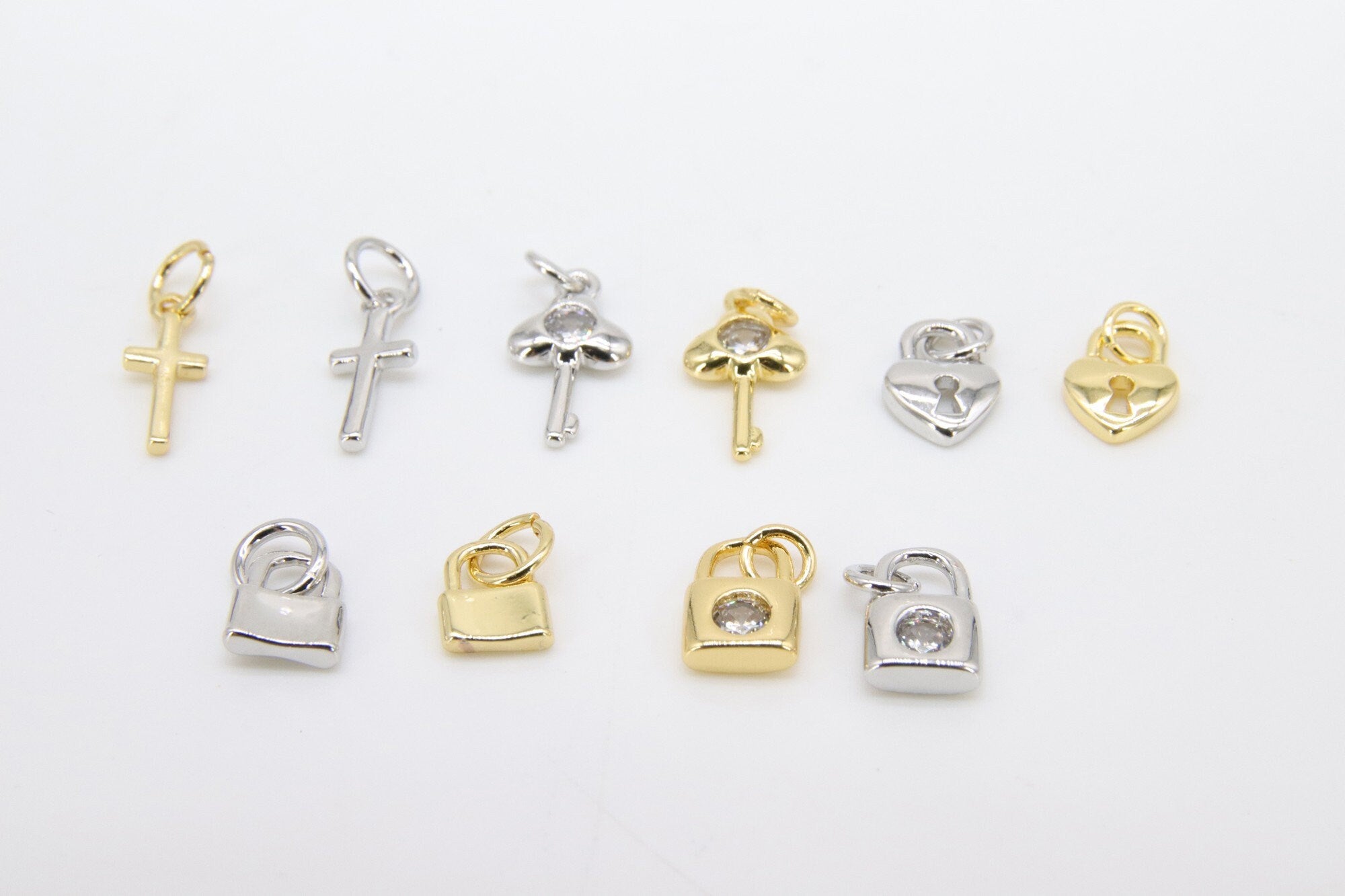 CZ Gold Mini Heart Charms, 4 Pc Tiny Silver Key Lock #2623, Cross and Padlock Necklace Bracelet Dangles