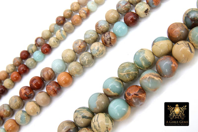 Natural African Blue Turquoise Opal Beads, Beige and Cream Round Jasper Beads, sizes  6mm 8mm 10mm 15.75 inch Strands - A Girls Gems